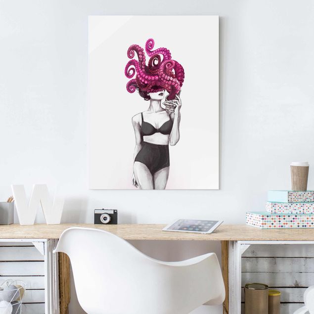 Wanddeko Schlafzimmer Illustration Frau in Unterwäsche Schwarz Weiß Oktopus