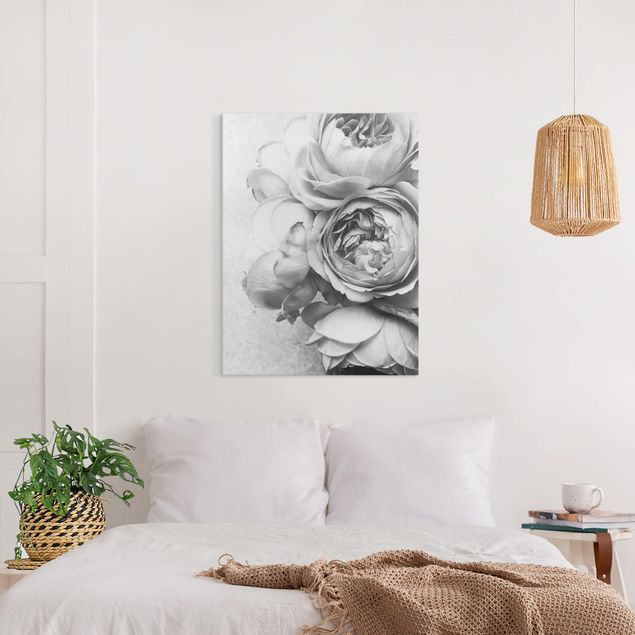 Wanddeko Schlafzimmer Pfingstrosenblüten Schwarz Weiß