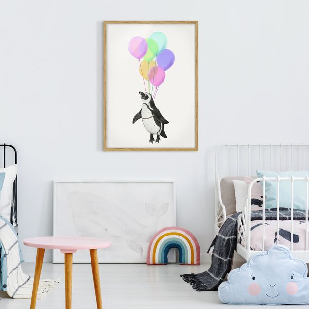 Wanddeko Schlafzimmer Illustration Pinguin Pastell Luftballons