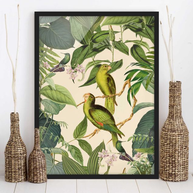Wanddeko Wohnzimmer Vintage Collage - Papageien im Dschungel