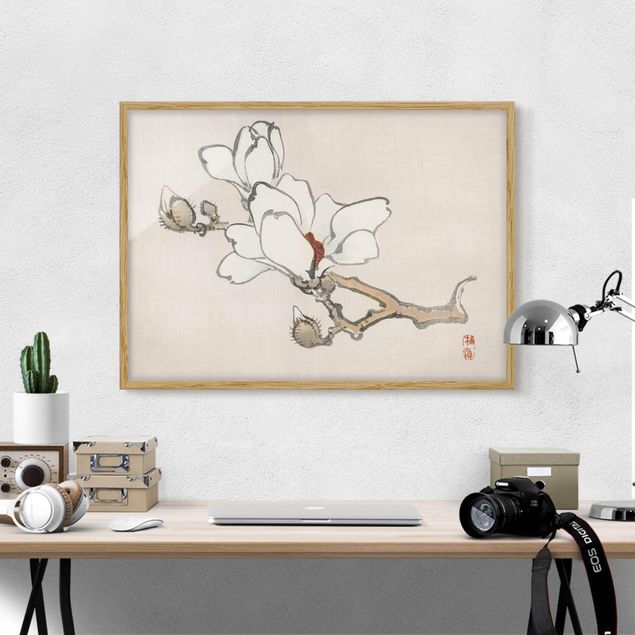 Wanddeko Wohnzimmer Asiatische Vintage Zeichnung Weiße Magnolie