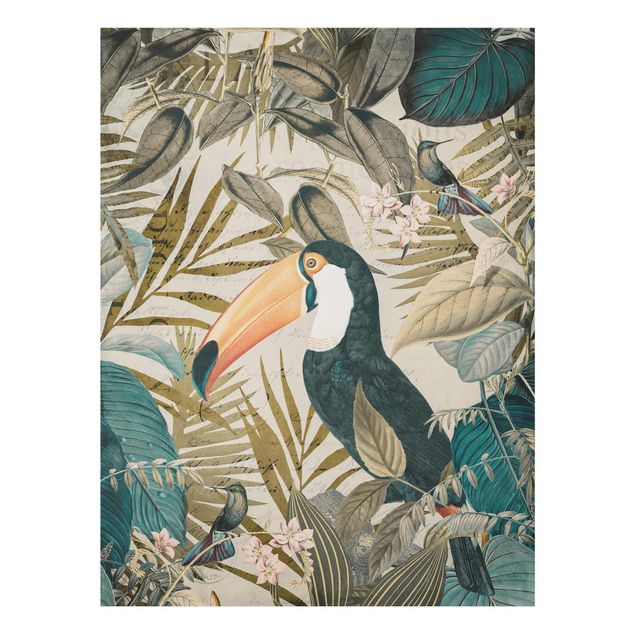Wanddeko Pflanzen Vintage Collage - Tukan im Dschungel