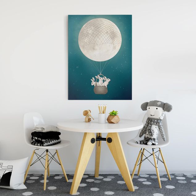Wanddeko Schlafzimmer Illustration Hasen Mond-Heißluftballon Sternenhimmel