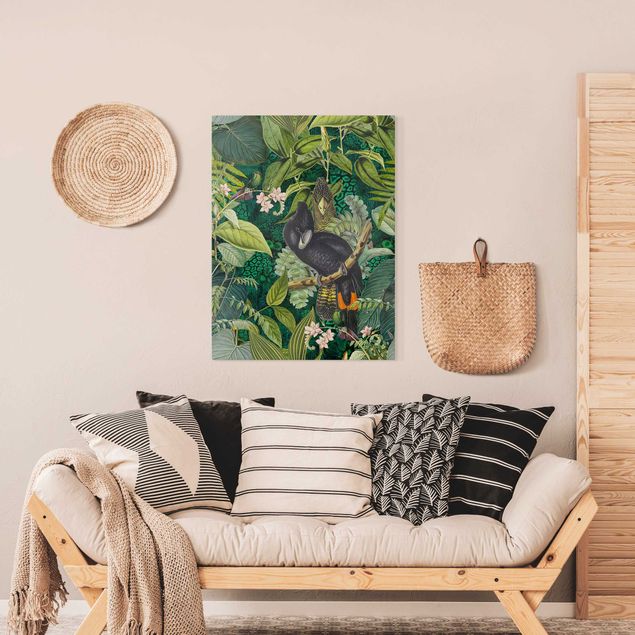 Wanddeko Schlafzimmer Bunte Collage - Kakadus im Dschungel