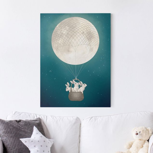 Wanddeko Treppenhaus Illustration Hasen Mond-Heißluftballon Sternenhimmel