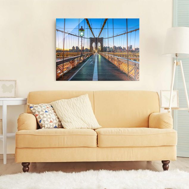 New York Glasbild Morgenblick von der Brooklyn Bridge
