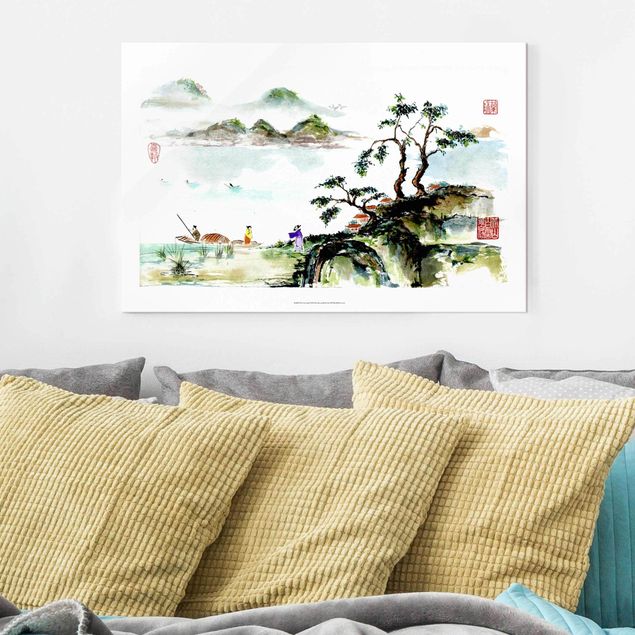 Wanddeko Schlafzimmer Japanische Aquarell Zeichnung See und Berge