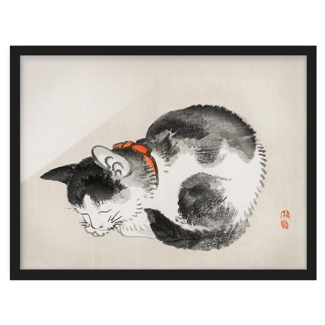 Wanddeko Esszimmer Asiatische Vintage Zeichnung Schlafende Katze