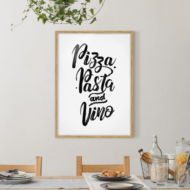 Wanddeko schwarz-weiß Pizza Pasta und Vino