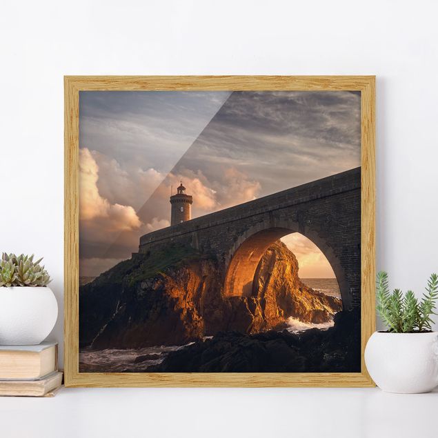 Strandbilder mit Rahmen Leuchtturm an der Brücke