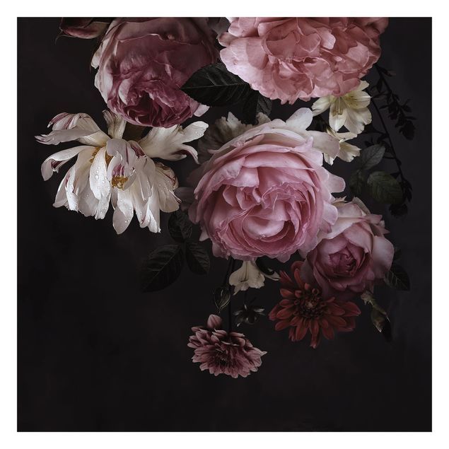 Wanddeko Esszimmer Rosa Blumen auf Schwarz