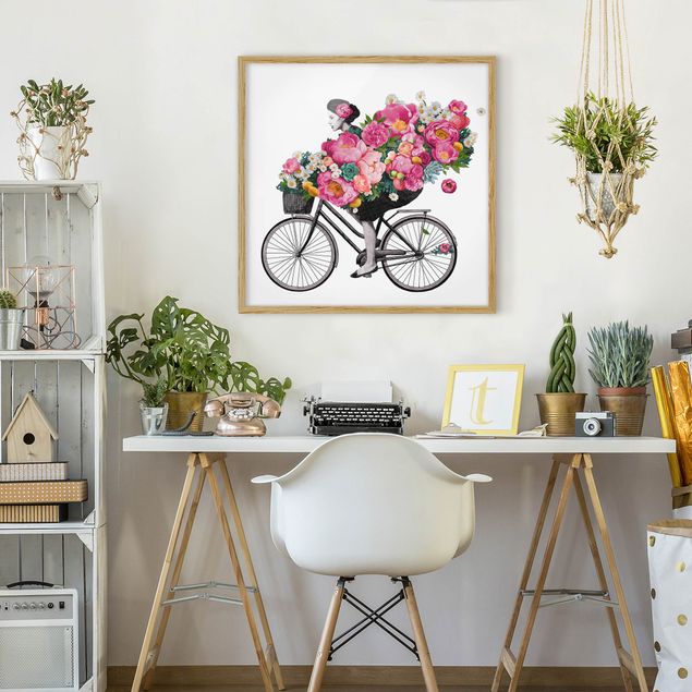 Wanddeko Schlafzimmer Illustration Frau auf Fahrrad Collage bunte Blumen