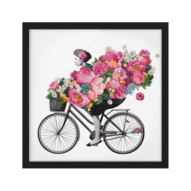 Wanddeko Flur Illustration Frau auf Fahrrad Collage bunte Blumen