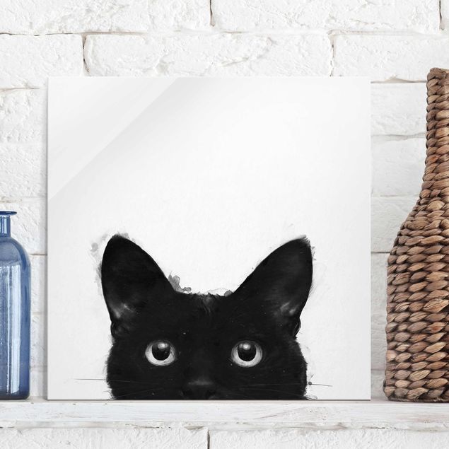 Wanddeko über Sofa Illustration Schwarze Katze auf Weiß Malerei