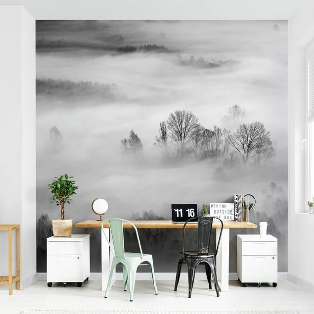 Wanddeko Büro Nebel bei Sonnenaufgang Schwarz Weiß