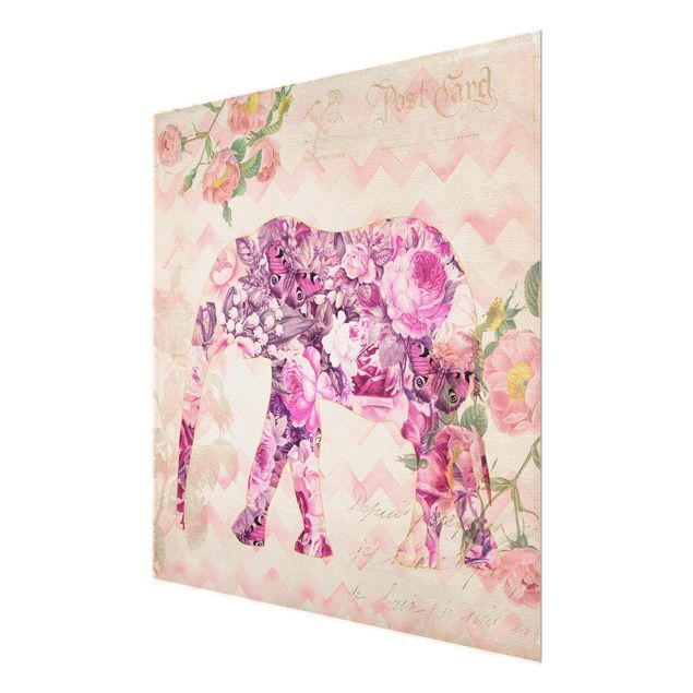 Wanddeko Esszimmer Vintage Collage - Rosa Blüten Elefant