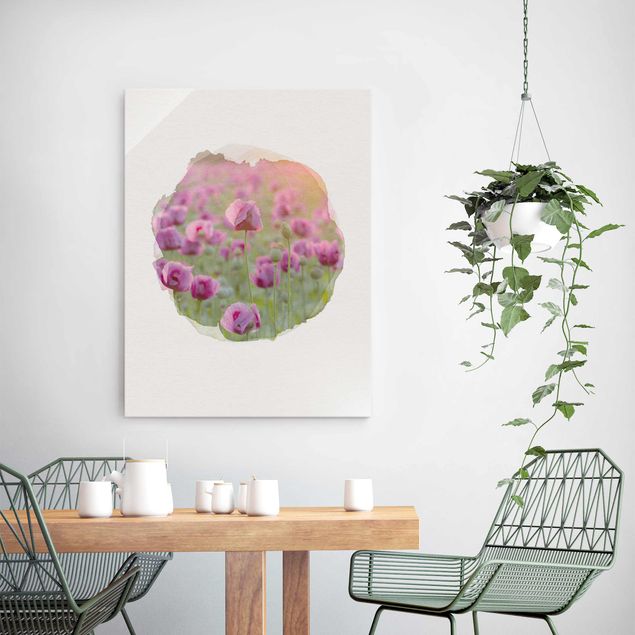 Glasbilder Mohn Wasserfarben - Violette Schlafmohn Blumenwiese im Frühling