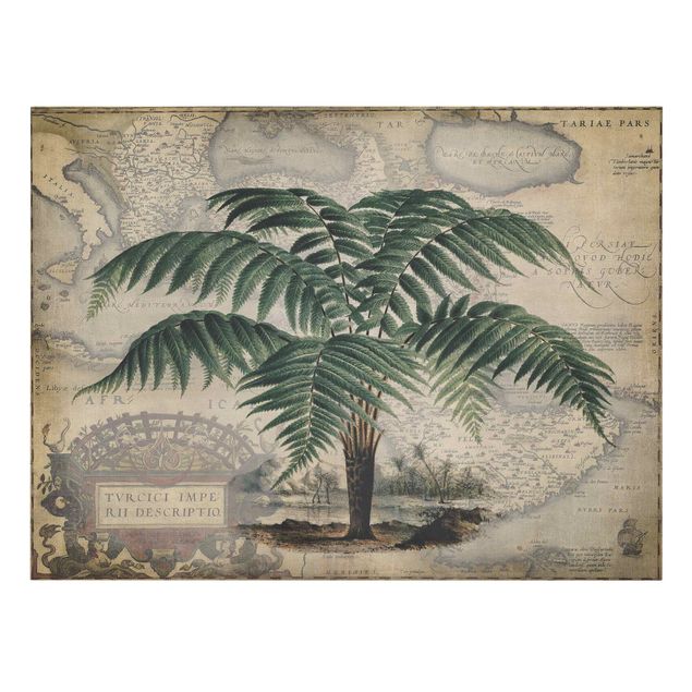 Wanddeko grün Vintage Collage - Palme und Weltkarte