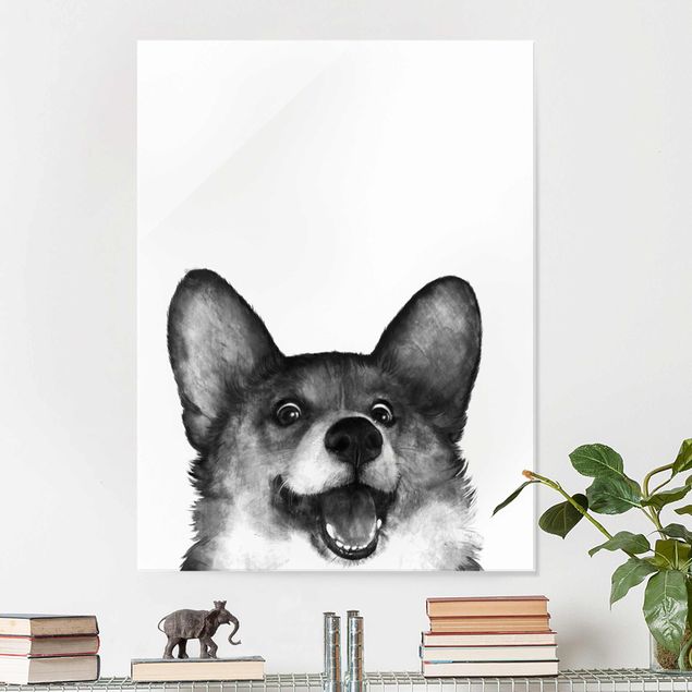 Wanddeko über Sofa Illustration Hund Corgi Weiß Schwarz Malerei