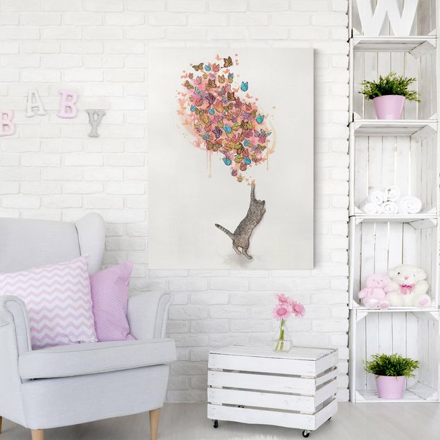 Wanddeko Schlafzimmer Illustration Katze mit bunten Schmetterlingen Malerei
