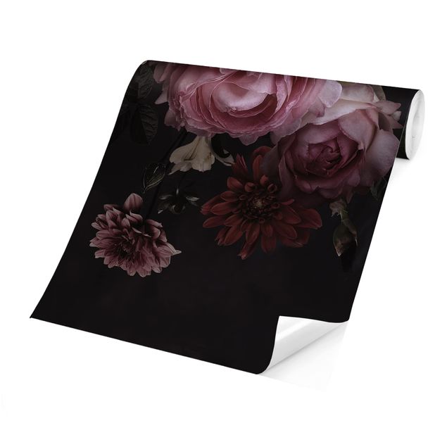 Wanddeko Flur Rosa Blumen auf Schwarz