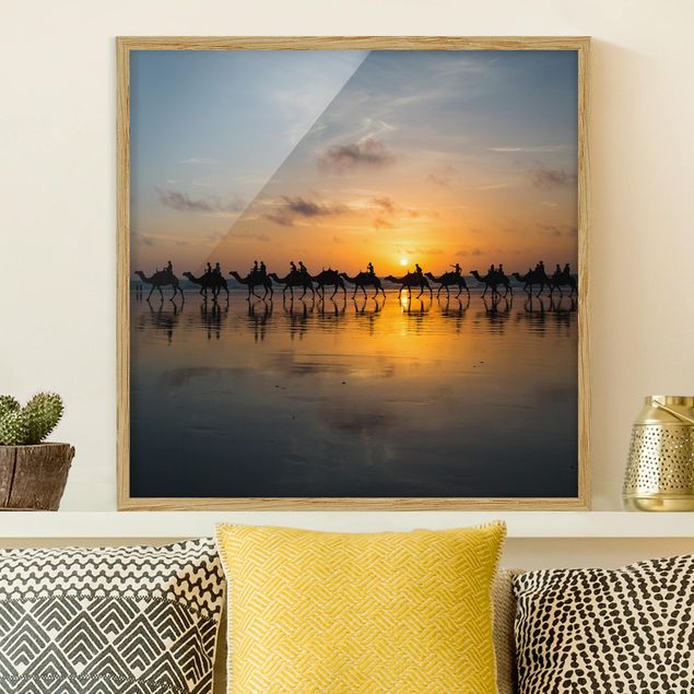 Wanddeko Wohnzimmer Kamele im Sonnenuntergang