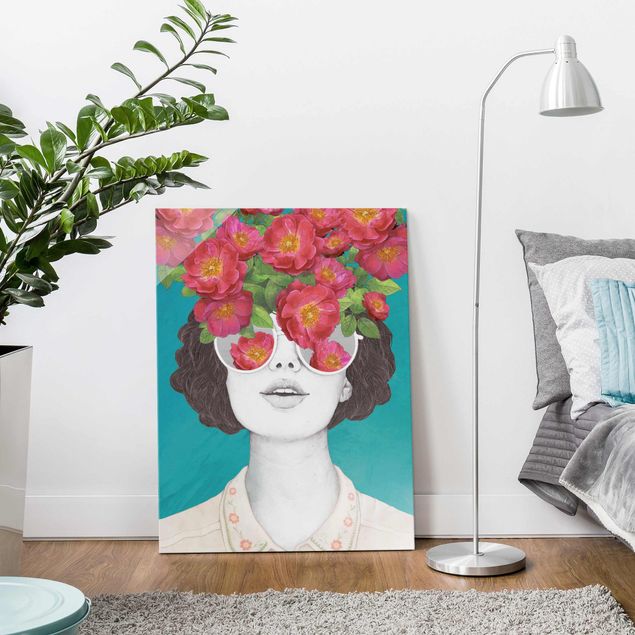 Wanddeko bunt Illustration Portrait Frau Collage mit Blumen Brille