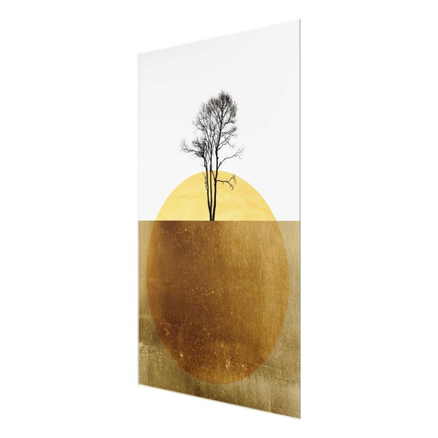Wanddeko Treppenhaus Goldene Sonne mit Baum