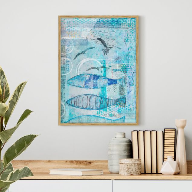 Wanddeko Wohnzimmer Bunte Collage - Blaue Fische