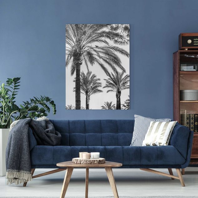 Wanddeko Flur Palmen im Sonnenuntergang Schwarz-Weiß