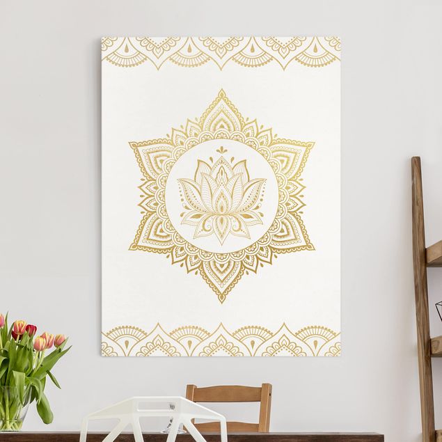 Wanddeko Wohnzimmer Mandala Lotus Illustration Ornament weiß gold