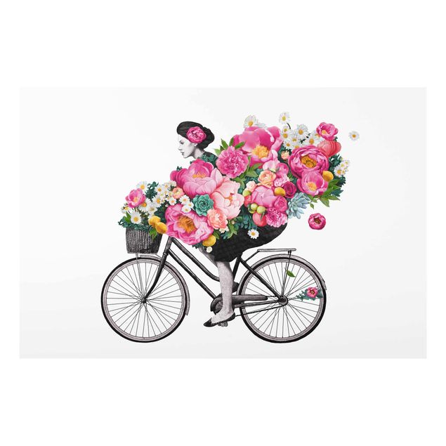 Wanddeko Esszimmer Illustration Frau auf Fahrrad Collage bunte Blumen