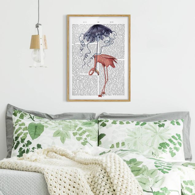 Wanddeko Flur Tierlektüre - Flamingo mit Regenschirm