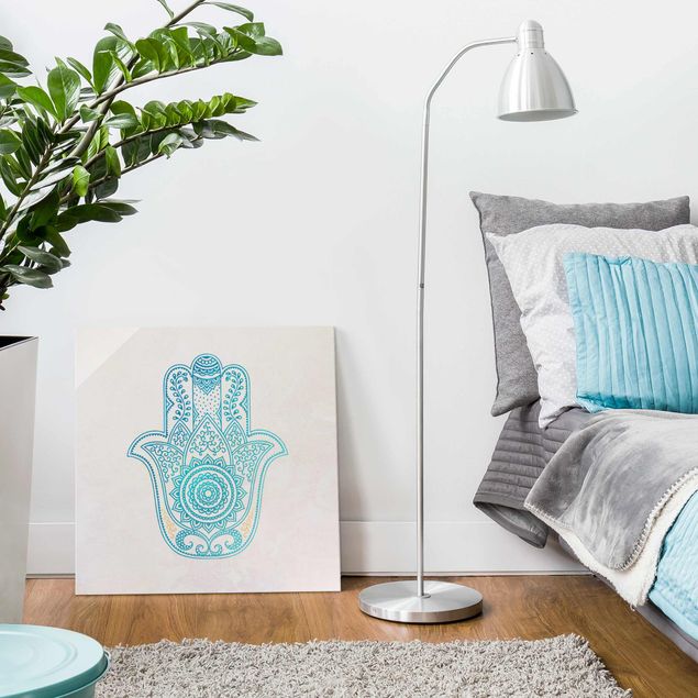 Wanddeko Schlafzimmer Hamsa Hand Illustration Mandala gold blau