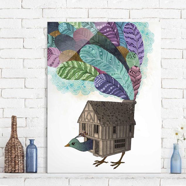 Wanddeko über Bett Illustration Vogel Haus mit Federn