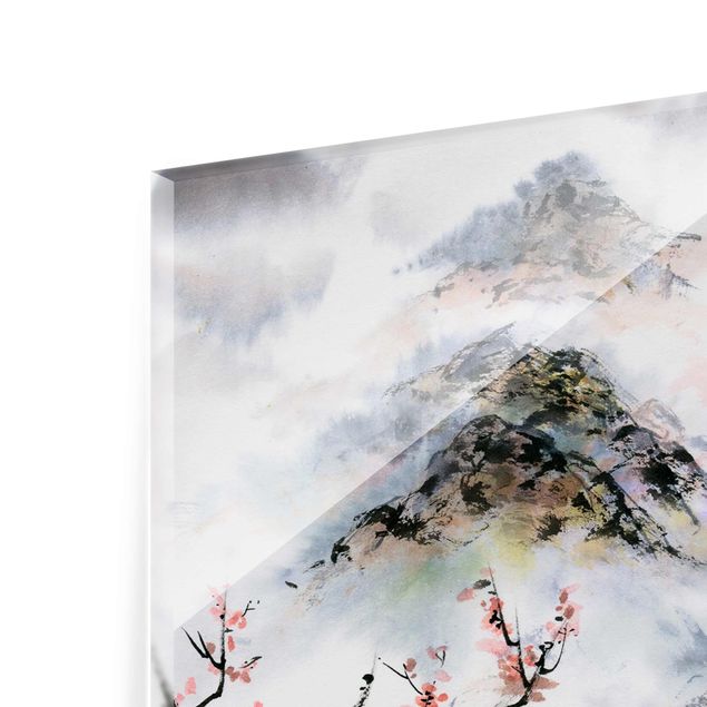 Glasbilder Berge Japanische Aquarell Zeichnung Kirschbaum und Berge