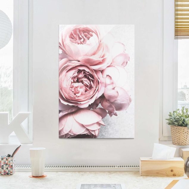 Glasbilder Rose Rosa Pfingstrosenblüten Shabby Pastell