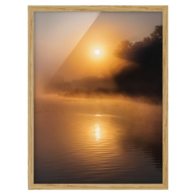 Wanddeko Flur Sonnenaufgang am See mit Rehen im Nebel