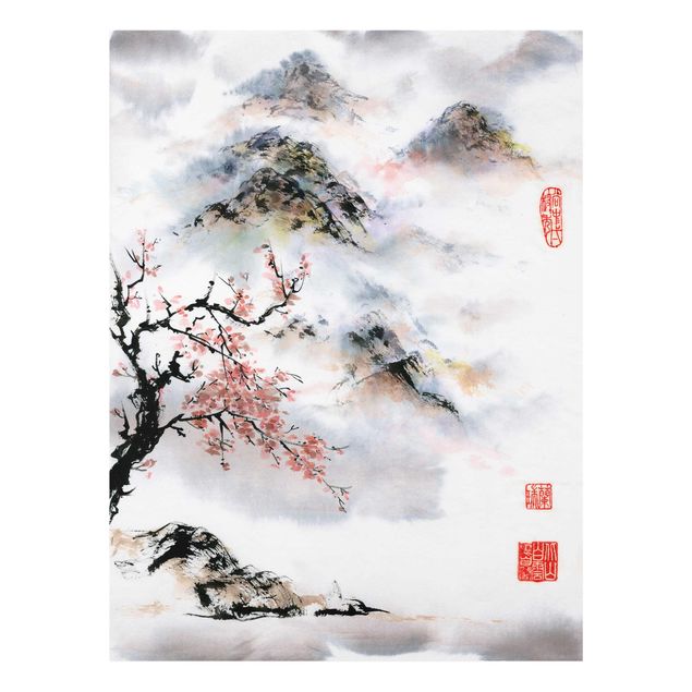 Wanddeko Esszimmer Japanische Aquarell Zeichnung Kirschbaum und Berge