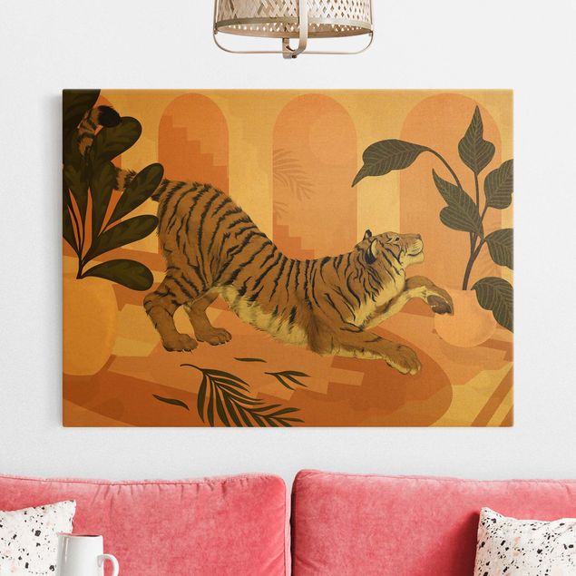 Wanddeko Esszimmer Illustration Tiger in Pastell Rosa Malerei