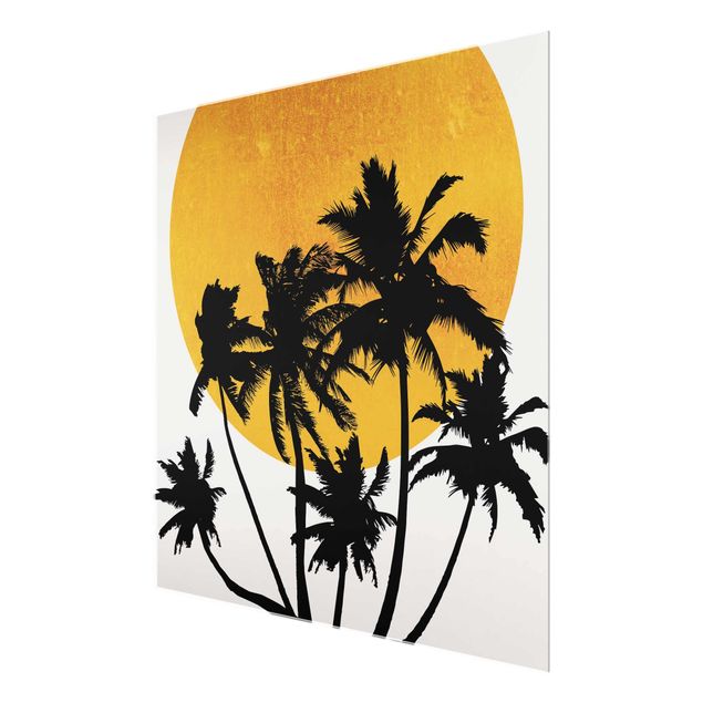 Wanddeko Treppenhaus Palmen vor goldener Sonne