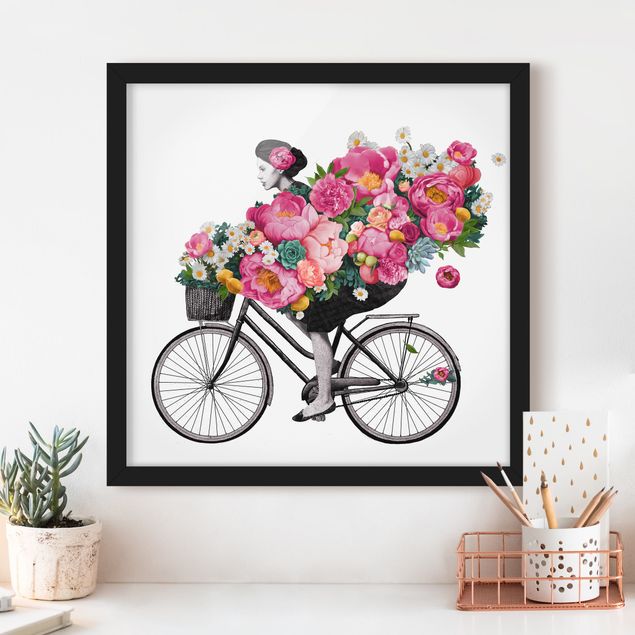Wanddeko Wohnzimmer Illustration Frau auf Fahrrad Collage bunte Blumen