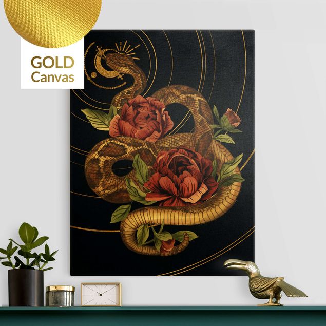 Leinwandbild Rose Schlange mit Rosen Schwarz und Gold I