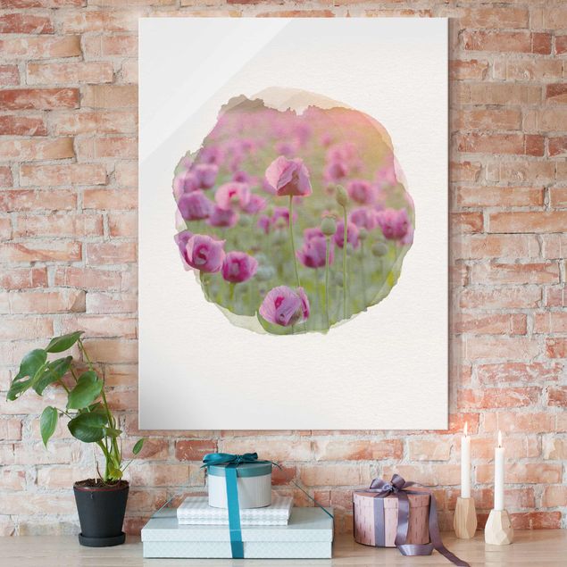 Wanddeko Büro Wasserfarben - Violette Schlafmohn Blumenwiese im Frühling