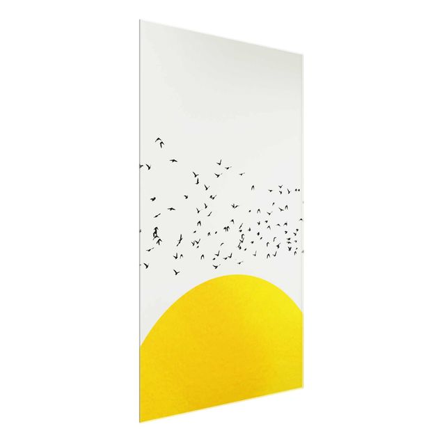 Wanddeko Esszimmer Vogelschwarm vor gelber Sonne