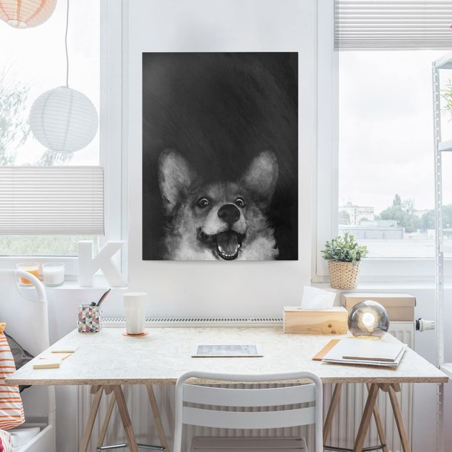 Wanddeko Wohnzimmer Illustration Hund Corgi Malerei Schwarz Weiß