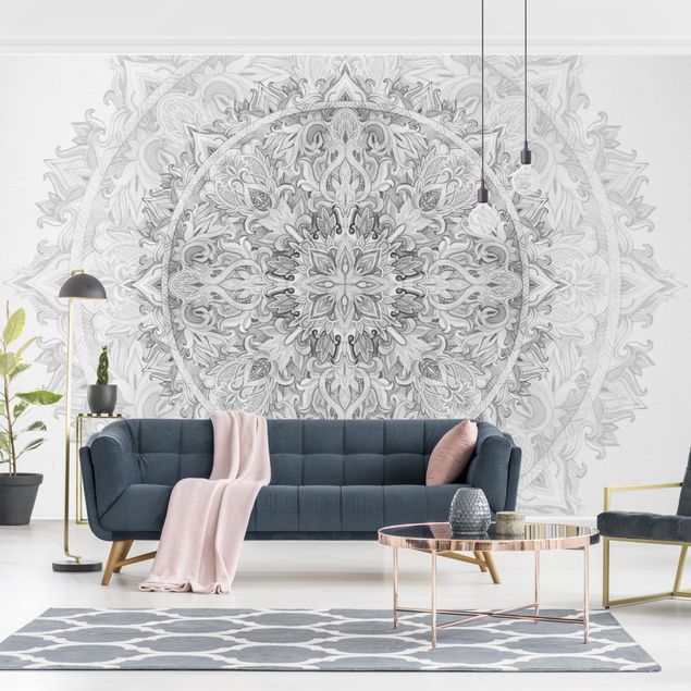 Wanddeko Wohnzimmer Mandala Aquarell Ornament Muster schwarz weiß