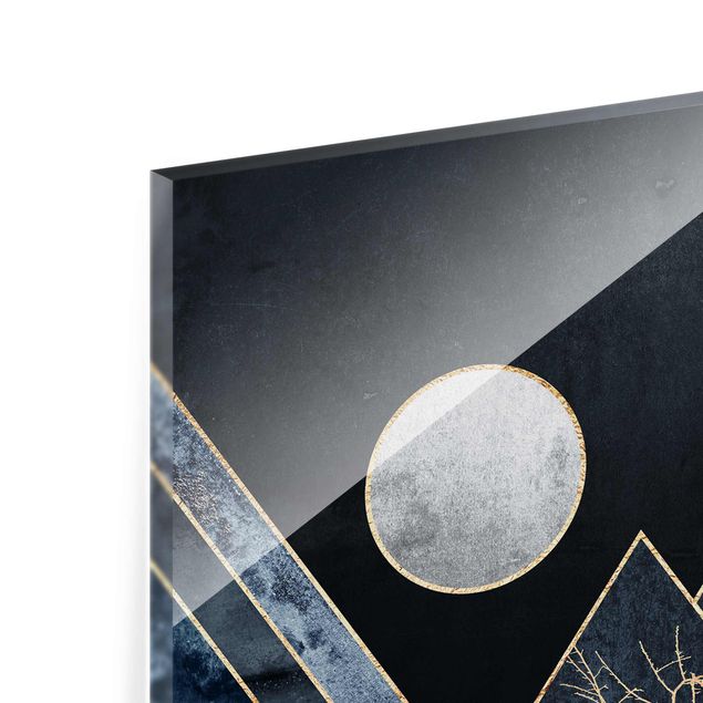 Glasbild Berg Goldener Mond abstrakte schwarze Berge