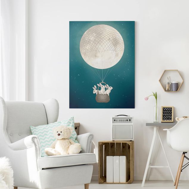 Wanddeko Wohnzimmer Illustration Hasen Mond-Heißluftballon Sternenhimmel