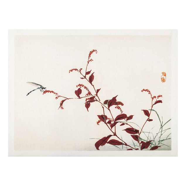 Wohndeko Pflanzen Asiatische Vintage Zeichnung Roter Zweig mit Libelle